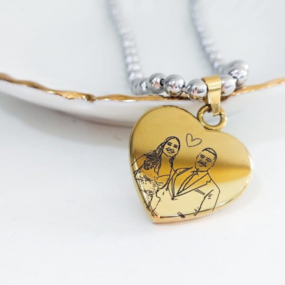 COLLAR CORAZON CADENA BOLAS GRABADO BICOLOR