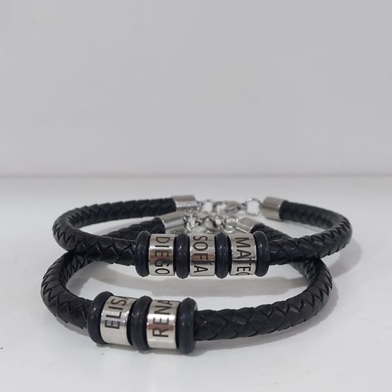 PULSERA CUERO CON AROS GRABADOS