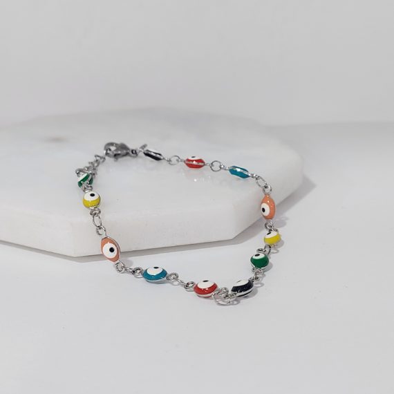 PULSERA PLATA OJITOS OVALADOS COLORES