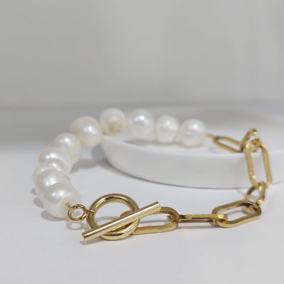 PULSERA PERLA DE RIO Y CADENA ACERO