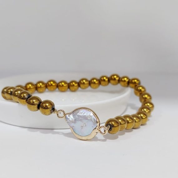 PULSERA HEMATITA Y PERLA BARROCA BOLA