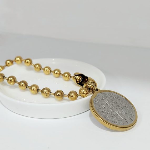 PULSERA BOLAS MEDALLA SAN BENITO GRANDE